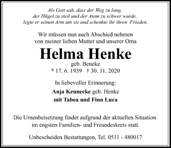 Traueranzeige von Helma Henke von Hannoversche Allgemeine Zeitung/Neue Presse