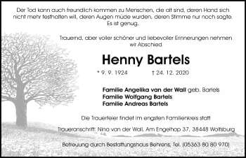 Traueranzeige von Henny Bartels von Aller Zeitung