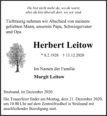 Traueranzeige von Herbert Leitow von Ostsee-Zeitung GmbH