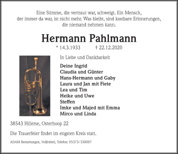 Traueranzeige von Hermann Pahlmann von Aller Zeitung
