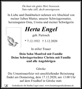 Traueranzeige von Herta Engel von Märkischen Allgemeine Zeitung