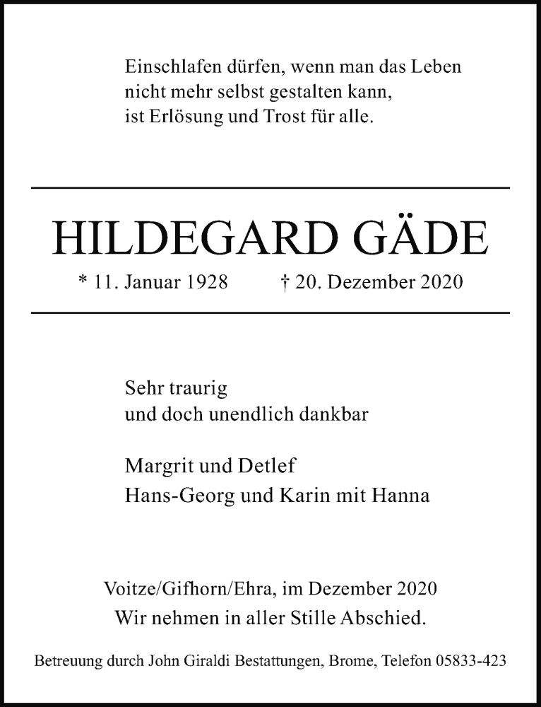  Traueranzeige für Hildegard Gäde vom 24.12.2020 aus Aller Zeitung