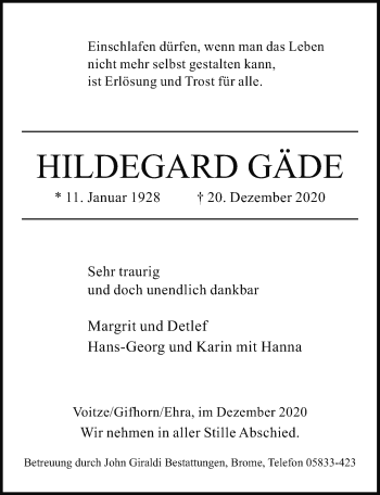 Traueranzeige von Hildegard Gäde von Aller Zeitung