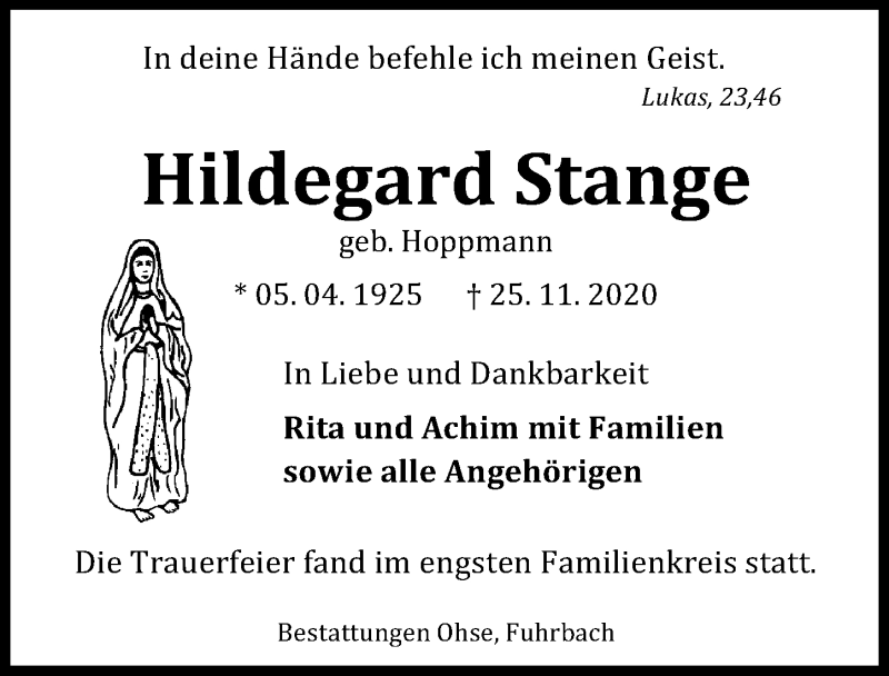  Traueranzeige für Hildegard Stange vom 12.12.2020 aus Eichsfelder Tageblatt