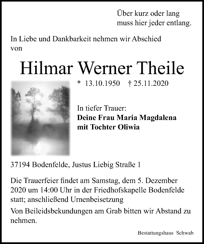  Traueranzeige für Hilmar Werner Theile vom 01.12.2020 aus Göttinger Tageblatt