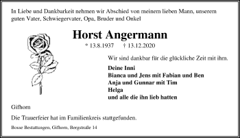 Traueranzeige von Horst Angermann von Aller Zeitung