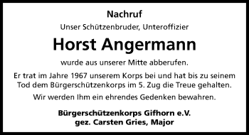 Traueranzeige von Horst Angermann von Aller Zeitung