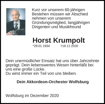 Traueranzeige von Horst Krumpolt von Aller Zeitung