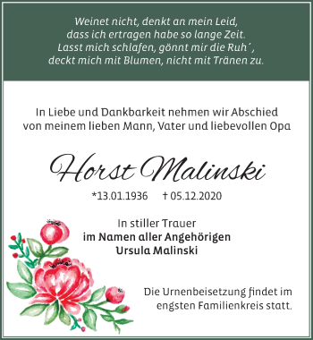 Traueranzeige von Horst Malinski von Märkischen Allgemeine Zeitung