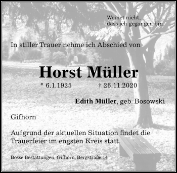 Traueranzeige von Horst Müller von Aller Zeitung