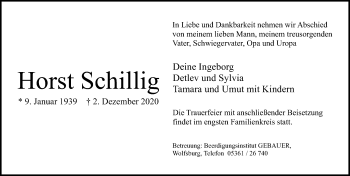 Traueranzeige von Horst Schillig von Aller Zeitung