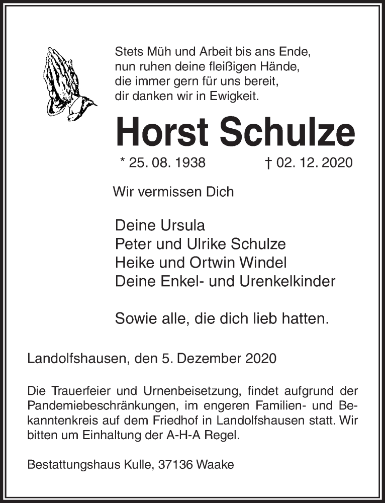  Traueranzeige für Horst Schulze vom 05.12.2020 aus Göttinger Tageblatt