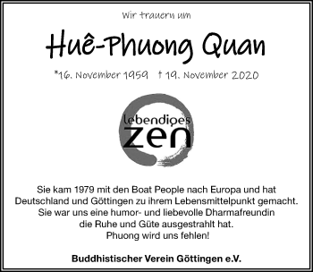 Traueranzeige von Hué-Phuong Quan von Göttinger Tageblatt