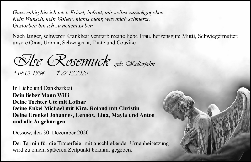  Traueranzeige für Ilse Rosemuck vom 30.12.2020 aus Märkischen Allgemeine Zeitung