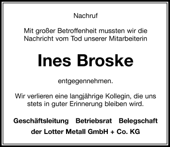 Traueranzeige von Ines Broske von Leipziger Volkszeitung