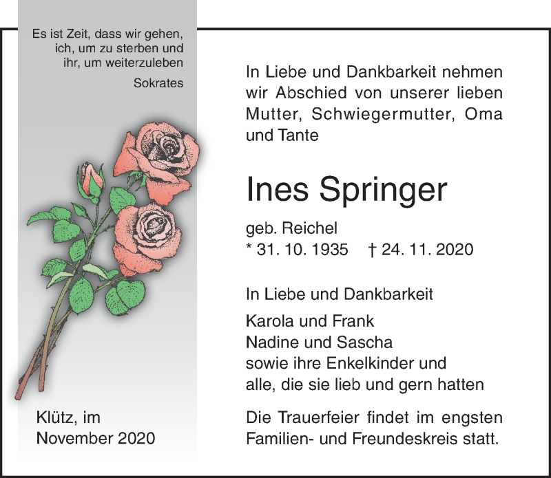  Traueranzeige für Ines Springer vom 01.12.2020 aus Ostsee-Zeitung GmbH