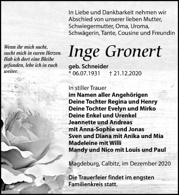 Traueranzeige von Inge Gronert von Leipziger Volkszeitung
