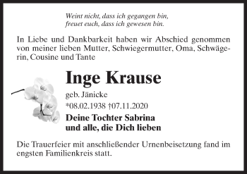Traueranzeige von Inge Krause von Märkischen Allgemeine Zeitung