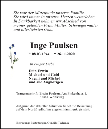 Traueranzeige von Inge Paulsen von Aller Zeitung