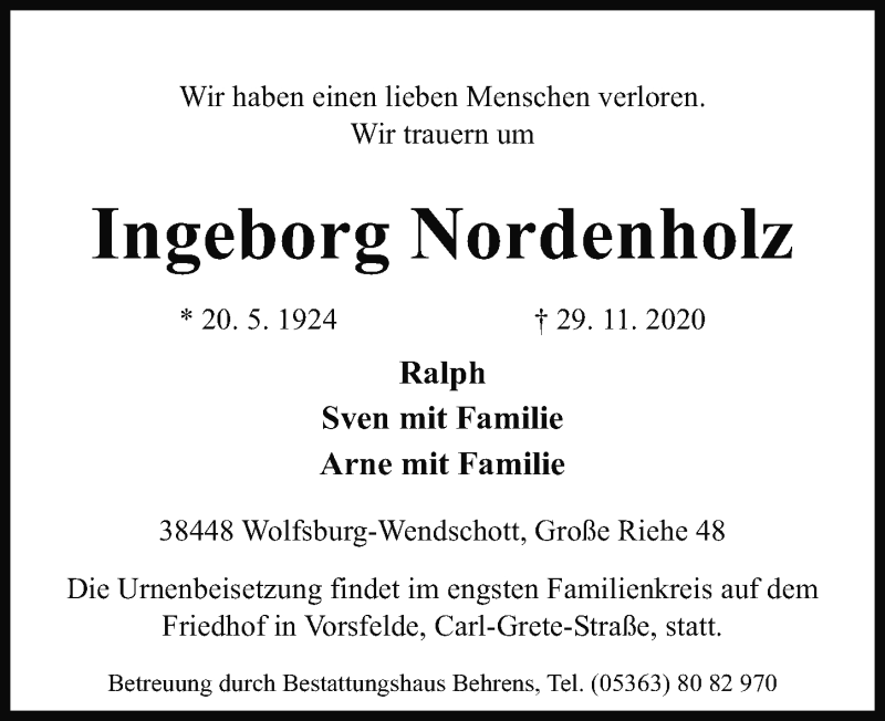  Traueranzeige für Ingeborg Nordenholz vom 02.12.2020 aus Aller Zeitung