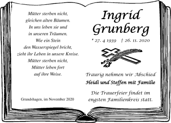 Traueranzeige von Ingrid Grunberg von Ostsee-Zeitung GmbH