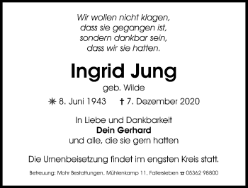 Traueranzeige von Ingrid Jung von Aller Zeitung
