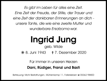 Traueranzeige von Ingrid Jung von Aller Zeitung