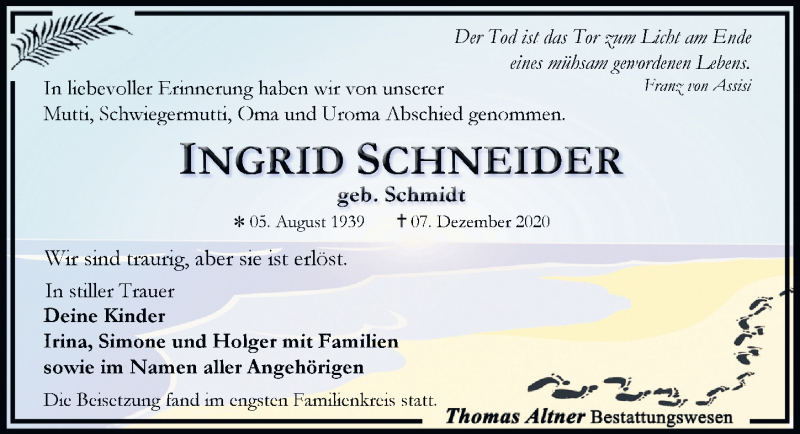 Traueranzeigen Von Ingrid Schneider Trauer Anzeigen De