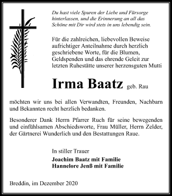 Traueranzeige von Irma Baatz