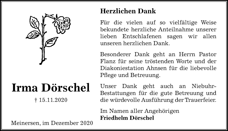  Traueranzeige für Irma Dörschel vom 19.12.2020 aus Aller Zeitung