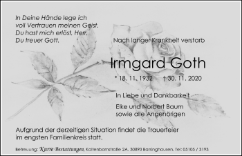 Traueranzeige von Irmgard Goth von Hannoversche Allgemeine Zeitung/Neue Presse