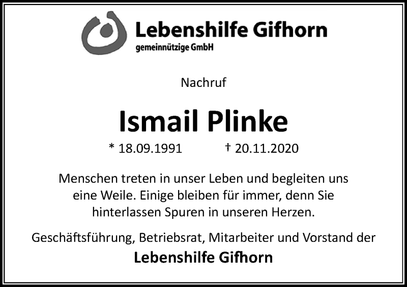  Traueranzeige für Ismail Plinke vom 02.12.2020 aus Aller Zeitung