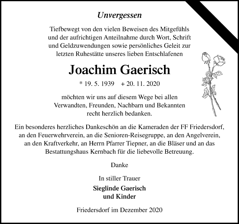  Traueranzeige für Joachim Gaerisch vom 28.12.2020 aus Märkischen Allgemeine Zeitung