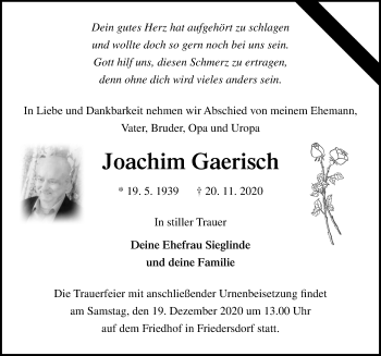 Traueranzeige von Joachim Gaerisch von Märkischen Allgemeine Zeitung