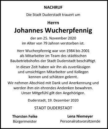 Traueranzeige von Johannes Wucherpfennig von Eichsfelder Tageblatt