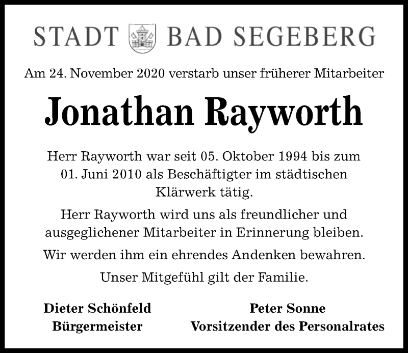  Traueranzeige für Jonathan Rayworth vom 05.12.2020 aus Kieler Nachrichten