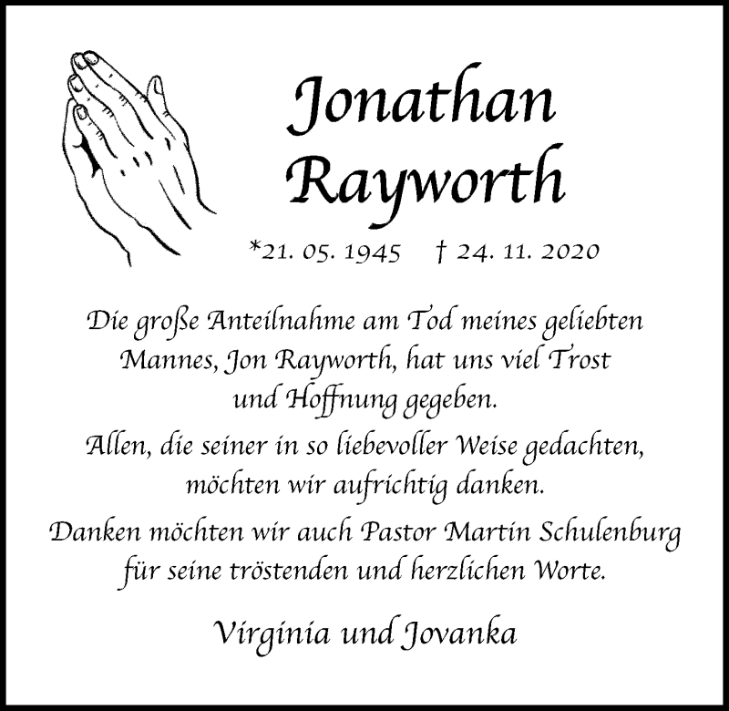  Traueranzeige für Jonathan Rayworth vom 31.12.2020 aus Kieler Nachrichten