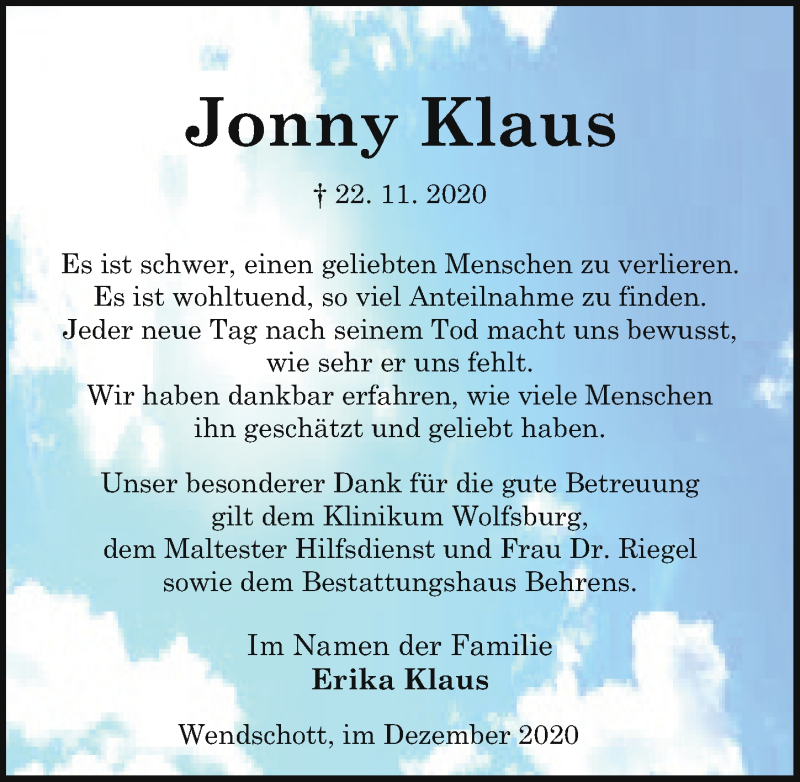  Traueranzeige für Jonny Klaus vom 19.12.2020 aus Aller Zeitung