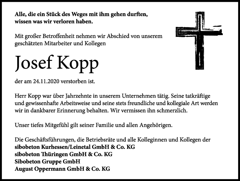  Traueranzeige für Josef Kopp vom 02.12.2020 aus Göttinger Tageblatt