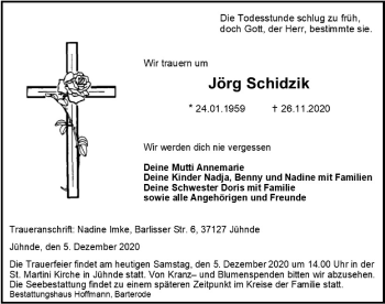 Traueranzeige von Jörg Schidzik von Göttinger Tageblatt