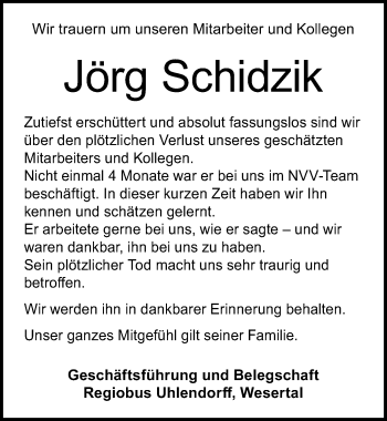 Traueranzeige von Jörg Schidzik von Göttinger Tageblatt