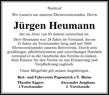 Traueranzeige von Jürgen Heumann von Aller Zeitung