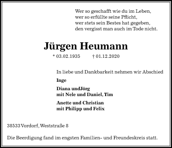 Traueranzeige von Jürgen Heumann von Aller Zeitung
