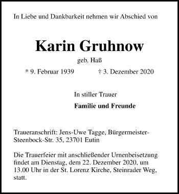 Traueranzeige von Karin Gruhnow von Lübecker Nachrichten