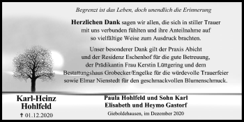 Traueranzeige von Karl-Heinz Hohlfeld von Eichsfelder Tageblatt