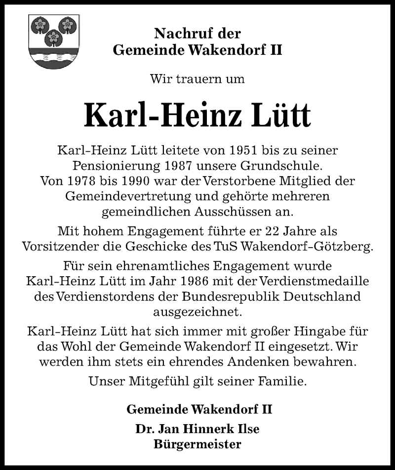  Traueranzeige für Karl-Heinz Lütt vom 05.12.2020 aus Kieler Nachrichten