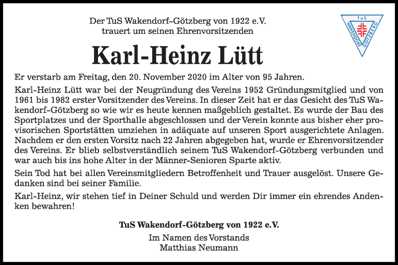  Traueranzeige für Karl-Heinz Lütt vom 12.12.2020 aus Kieler Nachrichten
