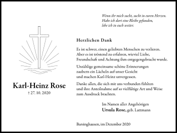 Traueranzeige von Karl-Heinz Rose von Hannoversche Allgemeine Zeitung/Neue Presse