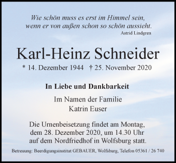 Traueranzeige von Karl-Heinz Schneider von Aller Zeitung