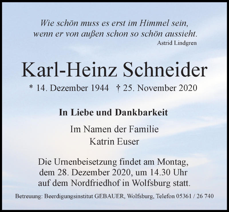  Traueranzeige für Karl-Heinz Schneider vom 23.12.2020 aus Aller Zeitung